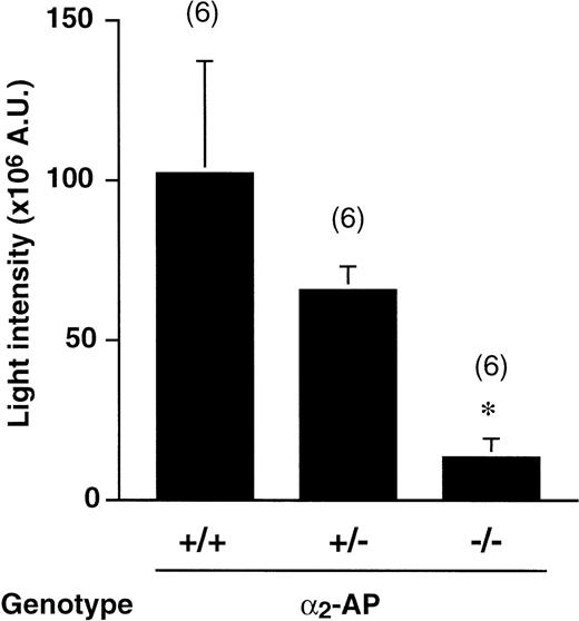 Fig. 3. Thrombus generation in 2-AP+/+, 2-AP+/−, and 2-AP−/− mice. / Cumulative thrombus formation over 40 minutes after a 3-minute carotid artery photochemical injury, expressed as total light intensity;+/+: wild-type mice; +/−: α2-AP heterozygotes; −/−: α2-AP–deficient homozygotes. Data are the mean ± SEM for the number of mice indicated in parentheses (*P < .05 by Dunnett multiple comparison test in comparison with the α2-AP+/+ group).