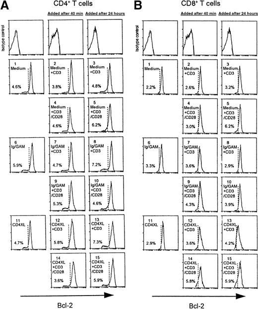 Fig. 5. CD3 stimulation of PBTs 24 hours after CD4XL does not affect Bcl-2 expression in CD4 T cells (A) or in CD8 T cells (B). / Values denote the percentage of cells with Bcl-2 down-modulation.