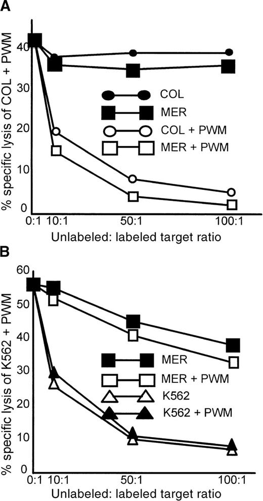 Fig. 5. Only PWM-treated myeloma cell lines can inhibit the lysis of PWM-treated, labeled myeloma cells. / Lysis of the nonmyeloma cell line K562 + PWM cannot be inhibited by myeloma cell lines. Cold-target inhibition assays were performed as described in “Materials and methods.” (A) The labeled target was COL + PWM, and unlabeled competitors were MER, MER + PWM, COL, and COL + PWM. The data represent the mean of triplicate values of 1 of 3 similar experiments. (B) The labeled target was the erythroleukemia cell line K562 treated with PWM. Unlabeled competitors were K562, K562 + PWM, MER, and MER + PWM. The data represent the mean of triplicate values from 1 of 2 similar experiments.