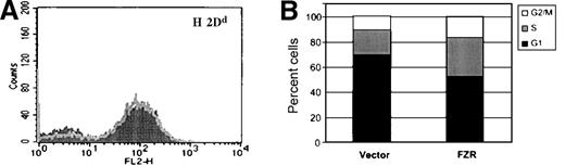 Fig. 4. Phenotype of fzr-overexpressing cells. / (A) MV(vector) and MV(fzr) were stained with biotin–anti-H-2Dd monoclonal antibody and phycoerythrin-streptavidin and analyzed by flow cytometry. The MV(vector) and MV(fzr) histograms are shown as the dark and light traces in the foreground and background, respectively. (B) The DNA content of exponentially growing cells was evaluated by propidium iodide staining and flow cytometry and calculated to determine the proportion of cells in G1, S, and G2/M.