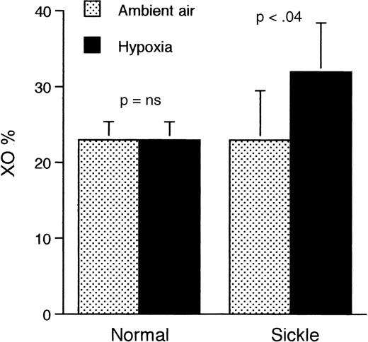 Fig. 7. Proportion of XO relative to XD in the liver of sickle and normal mice at ambient air and after 2 hours of hypoxia only (without reoxygenation). / Only the sickle mice show a significantly higher proportion of XO after exposure to hypoxia. Data shown as mean ± SD (n = 4 for both groups).