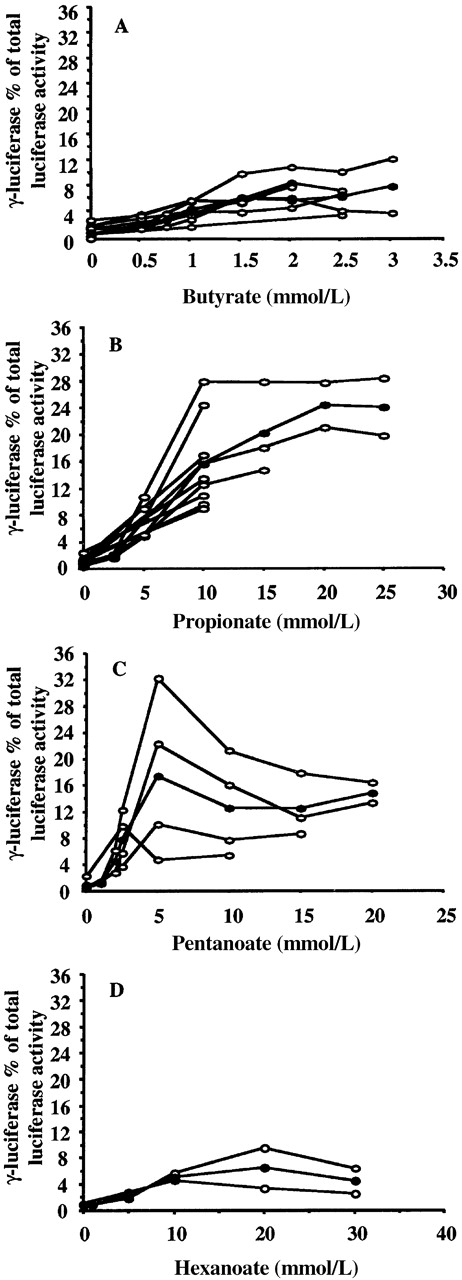 Fig. 2. Dose-response relationships for 4 short-chain fatty acids. / Butyric (A), propionic (B), pentanoic (C), and hexanoic (D) acid are shown. ○ indicates values from experiments performed on different days. • indicates mean values. All 4 short-chain fatty acids increase the γF/γF+2βR ratio. Higher levels of γF/γF+2βR ratios were observed in propionate- and pentanoate-treated cells, though at higher concentrations than butyrate. Hexanoate was the weakest γ-globin gene inducer among the short-chain fatty acids tested.