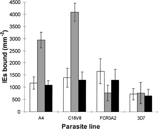 Fig. 3. Difference in the adherence of 4 different parasite lines to HDMEC. / Binding was assessed either in the absence of any additive (□) or in the presence of 100 μg/mL heparin () or chondroitin sulfate A (▪). Results are the mean ± SEM value from 3 experiments.