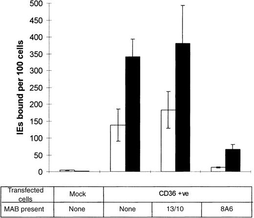 Fig. 5. Effect of heparin on IE adherence to CD36-transfected COS cells. / Adhesion was assessed in the absence (□) or presence (▪) of 100 μg/mL heparin. Blocking CD36 mAb 8A6 and nonblocking control mAb 13/10 were also included. Results are the mean ± value for triplicate points from 1 of 3 experiments.