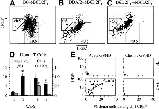 Fig. 7. During acute GVHD, donor-derived T cells infiltrate the thymus. / Acute (A) or chronic (B) GVHD was induced in unirradiated B6D2F1 mice. Syngeneically transplanted B6D2F1mice served as controls (C), and donor–host chimerism was measured at 2 weeks after transplantation. In the B6→B6D2F1model, mature donor T cells were TCRβhighH-2Kb+Kd−, whereas in the DBA/2→B6D2F1 model, TCRβhighH-2Kb-H-2Kd+ T cells were of donor origin. The background in syngeneically transplanted mice was 0.5% or less. (D) Quantification of donor-derived mature T cells in thymuses of transplanted hosts with acute (▪) or chronic () GVHD. Donor cell infiltration is given either as a percentage of all TCRβhigh thymocytes or as an absolute cell number (×10−6) of donor-derived T cells among TCRβhigh cells in the thymus at 1 and 2 weeks after transplantation (mean ± SEM). (E) Loss of DP thymocytes (1/DP) is plotted against the percentage of TCRβhigh infiltrating donor T cells at 1 and 2 weeks after transplantation for both GVHD models. The graph represents pooled data from 2 (chronic GVHD) to 9 (acute GVHD) independent experiments; 5 to 25 mice were analyzed for each group. *P < .01 versus mice with chronic GVHD.#P < .01 versus chronic GVHD at 2 weeks (2-tailed Mann–Whitney U test).