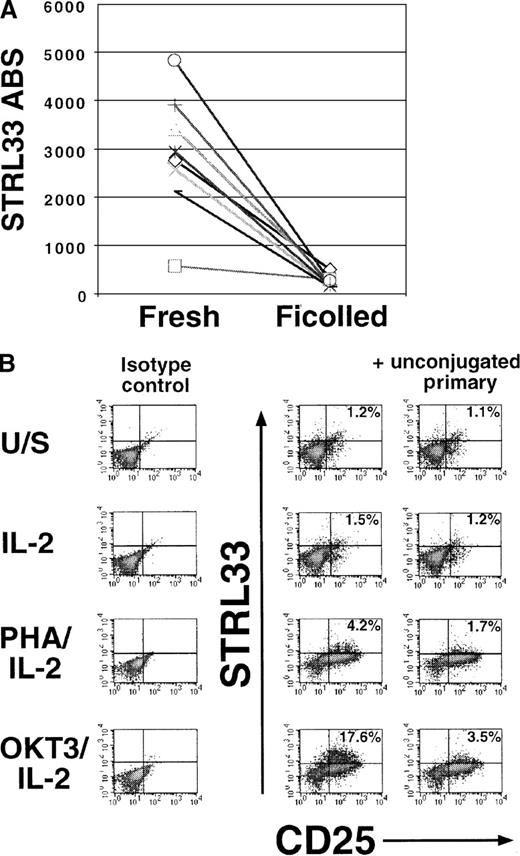 Fig. 5. Modulation of STRL33 expression levels by isolation and stimulation protocols. / (A) STRL33 levels were quantified on fresh whole blood (CD19+ B-cell subset) and after Ficoll-Hypaque gradient purification and overnight incubation in RPMI 1640 supplemented with 10% FCS. Each symbol represents a different donor out of 8 total donors. (B) PBLs from a homozygous ccr5Δ32 donor were Ficoll-Hypaque purified and either left unstimulated (U/S) in media (RPMI 1640 plus 10% FCS) or stimulated with IL-2, PHA/IL-2, or cross-linked anti-CD3/IL-2 (OKT3/IL-2) for 7 days. Cells were then costained for STRL33 and CD25 (as an activation marker). Note the increase in STRL33 levels only on the CD25+ subset. Similar data were obtained from 8 donors who had a wild-type for CCR5.