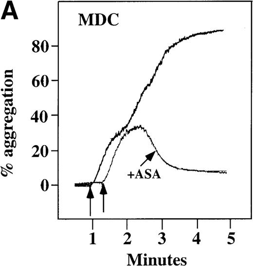 Fig. 4. Characterization of the intracellular mechanism(s) by which SDF-1 and MDC activate platelets in PRP. / The figure demonstrates the ability of 500 μmol/L aspirin to inhibit the secondary wave of plasma platelet aggregation stimulated by 100 nmol/L (A) MDC (B) or SDF-1. The inclusion of the ADP scavenger, 10 mmol/L creatine phosphate, plus 10 U/mL creatine phosphokinase (CP/CPK) inhibits platelet activation stimulated by (C) 100 nmol/L MDC but not by (D) 100 nmol/L SDF-1.