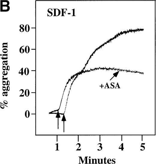Fig. 4. Characterization of the intracellular mechanism(s) by which SDF-1 and MDC activate platelets in PRP. / The figure demonstrates the ability of 500 μmol/L aspirin to inhibit the secondary wave of plasma platelet aggregation stimulated by 100 nmol/L (A) MDC (B) or SDF-1. The inclusion of the ADP scavenger, 10 mmol/L creatine phosphate, plus 10 U/mL creatine phosphokinase (CP/CPK) inhibits platelet activation stimulated by (C) 100 nmol/L MDC but not by (D) 100 nmol/L SDF-1.