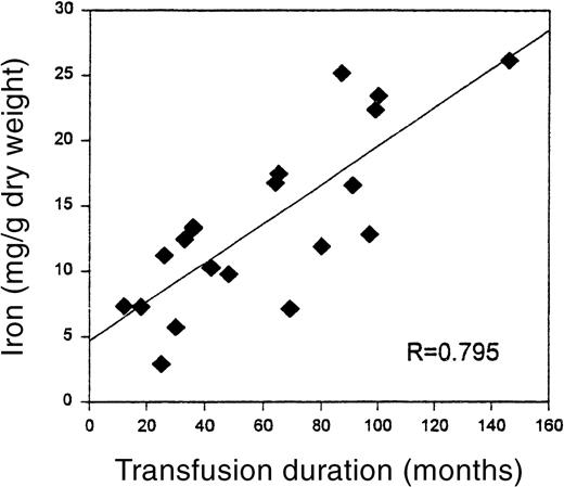Fig. 1. Relationship of liver iron to duration of transfusion therapy. / The significant correlation (P < .001) between transfusion duration, in months, and liver iron on biopsy specimen.