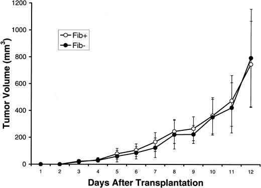 Fig. 1. Fibrin(ogen) deficiency does not reduce the growth rate of subcutaneously transplanted LLC. / A single cell suspension of 5 × 105 LLC cells was injected subcutaneously into the dorsal, midscapular skin of Fib− (n = 16) and control (n = 19) mice. The individual tumor volumes were measured daily by calipation. The data presented are mean values and SDs for each time point. No significant difference was noted in tumor growth between Fib− and control mice (P > .6, random coefficient mixed model).