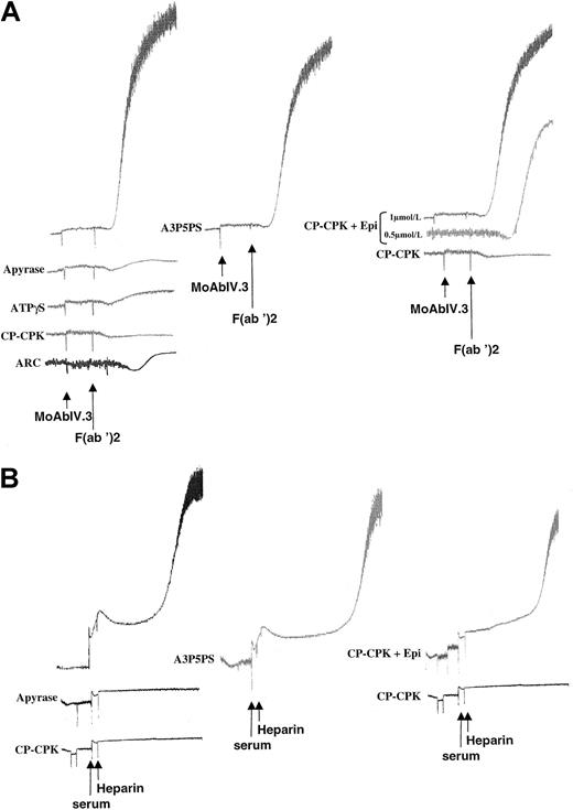 Fig. 1. The inhibitory effect of ADP scavengers on platelet aggregation induced by FcγRIIA cross-linking or by HIT sera is reversed by epinephrine. / Human platelet suspensions were preincubated (1 minute, 37°C) with 500-mol/L A3P5PS, 0.1 μmol/L AR-C69931MX, 1-IU/mL apyrase, 50-μmol/L ATPγS, 5-mmol/L CP, and 40-IU/mL CPK or CP-CPK plus 0.5-μmol/L or 1-mol/L epinephrine and then stimulated by FcγRIIA cross-linking (A) or by 80 μL of sera from HIT patients (B) as indicated in “Materials and methods.” Aggregation was assessed using a Chrono-Log dual-channel aggregometer with stirring at 900 rev/min (5 × 108 cells/mL).