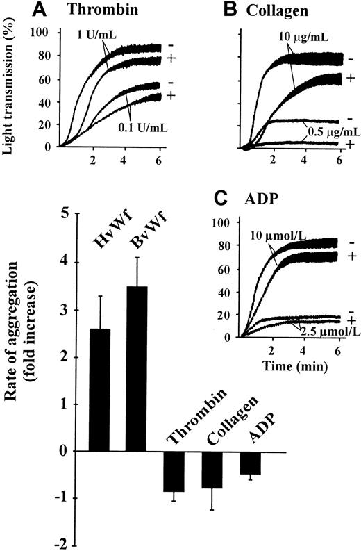 Fig. 3. Cytochalasin D specifically enhances vWf-induced platelet aggregation. / Washed platelets (3 × 108/mL) were incubated with either vehicle alone (−) or 5 μmol/L CD (+) prior to the initiation of platelet aggregation with the indicated concentrations of thrombin (A), collagen (B), ADP (C), HvWf (0.5 μg/mL) and ristocetin (1 mg/mL), or BvWf (1 μg/mL). These aggregation tracings are from 1 experiment, representative of 5. The accompanying bar graph is a quantitative representation of the effects of CD on the rate of platelet aggregation induced by low concentrations of the indicated agonist. Results are presented as the fold increase in the initial rate of aggregation relative to Me2SO-treated platelets. Results are the mean ± SE from 5 experiments.