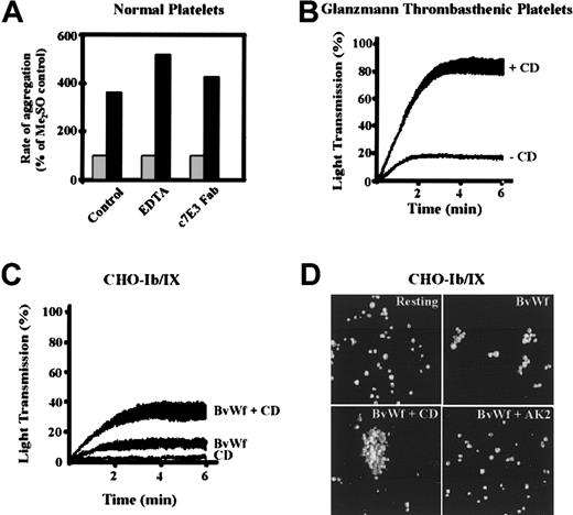 Fig. 4. Cytochalasin D enhances vWf-induced platelet and CHO-Ib/IX cell aggregation independent of integrin αIIbβ3. / (A) Washed platelets (3 × 108/mL) from healthy donors were incubated with vehicle alone (0.25% Me2SO, ░) or CD (5 μmol/L, ▪). Platelet aggregation was induced with HvWf (0.5 μg/mL) and ristocetin (1 mg/mL), in the presence of buffer alone (control), EDTA (2 mmol/L), or c7E3 Fab (20 μg/mL). Results are presented as percent change in aggregation rate (percent relative to Me2SO control, arbitrarily defined as 100%). (B) Glanzmann thrombasthenic platelets were aggregated with HvWf (0.5 μg/mL) and ristocetin, in the absence (−CD) or presence of 5 μmol/L CD (+CD). The aggregation tracings are from one experiment performed in triplicate. (C) CHO-Ib/IX cells (1 × 106/assay) were stirred for 6 minutes in the presence 5 μmol/L CD alone (CD), 10 μg/ml BvWf (BvWf), or BvWf and CD (BvWf + CD) in a platelet aggregometer. The aggregation tracings are from 1 experiment representative of 5. (D) CHO-Ib/IX cells were stirred in the presence of vehicle alone (resting), 10 μg/mL BvWf (BvWf), BvWf and 5 μmol/L CD (BvWf + CD), or BvWf in the presence of the anti-GPIb mAb, AK2 (BvWf + AK2). The cells were then fixed, stained with DiOC6 (1 μmol/L), mounted onto glass slides and subjected to confocal microscopy (10 × objective) as described under “Materials and methods.” The images of aggregated cells were reconstructed in 3-dimension using Voxblast (Vaytek Inc). Results presented are from 1 experiment, representative of 5.