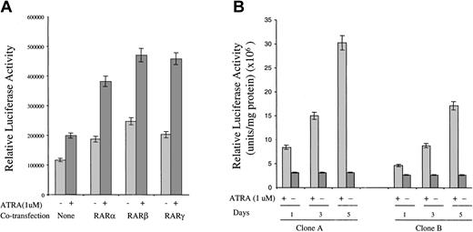 Fig. 5. Effect of ATRA on FR-β promoter–luciferase reporter activity in transfected 293 cells. / (A) The 293 cells were cotransfected with the FR-β promoter linked to a luciferase reporter gene and an expression plasmid for RARα, RARβ, or RARγ, together with a β-galactosidase expression plasmid as described in “Materials and methods.” At 8 hours after transfection, ATRA (1 μmol/L) was added, and the cells were cultured for a further 40 hours. Cells were then harvested and lysed with luciferase reporter buffer, and the luciferase activity was determined as described in “Materials and methods.” The relative luciferase activity was normalized to β-galactosidase activity. (B) Representative clones A and B of recombinant 293 cells stably transfected with the FR-β promoter–luciferase reporter construct (described in “Materials and methods”) were treated with ATRA (1 μmol/L) for up to 5 days in 6-well plates. The cells were harvested and lysed on days 1, 3, and 5 of the treatment, and the luciferase activity in the lysate was determined as described in “Materials and methods.” The relative luciferase activity was normalized to 1 mg of total protein.
