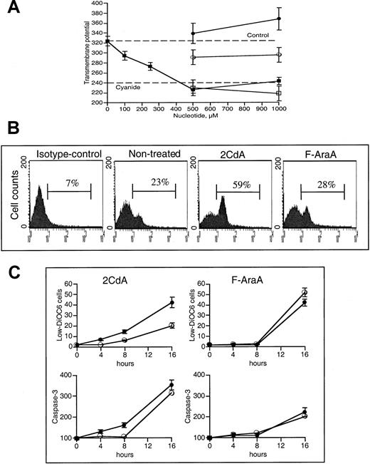 Fig. 3. Mitochondrial damage by nucleosides in B-CLL cells. / (A) Mitochondria from B-CLL cells were nitrogen isolated by cavitation, treated for 10 minutes with the indicated concentrations of 2CdATP (▪), CaFdATP (■), F-Ara-ATP (●), and dATP (○), stained with 40 nmol/L DiOC6 for 10 minutes at room temperature, and rapidly analyzed by flow cytometry. (B) B-CLL cells were treated with 10 μmol/L of the nucleosides for 8 hours, then permeabilized with 0.03% of digitonin and fixed with 4% paraformaldehyde. AIF release was detected by staining with specific antibody and with fluorescence-labeled secondary Alexa 488 and measured by flow cytometry. (C) Human leukemia T-lymphoblastoid CEM cell lines, transfected with bcl-2–expressing vector (CEM/bcl-2) (○) or control vector (CEM/NEO) (●), were treated with 1 μmol/L of the nucleosides. Membrane potential analyses and caspase analysis were performed at the indicated time points. Error bars represent the SD obtained from 3 independent experiments.