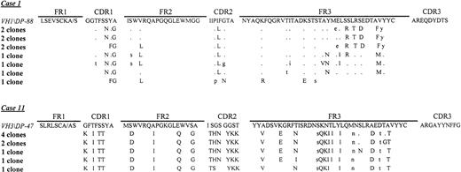 Fig. 1. Deduced amino acid sequences of VH genes of a follicular (patient 1) and a diffuse large-cell lymphoma (patient 11). / The amino acid sequences of the most homologous germline VH genes are shown above the lymphoma sequences. Amino acid R mutations are indicated by upper case letters and S mutations by lower case letters.