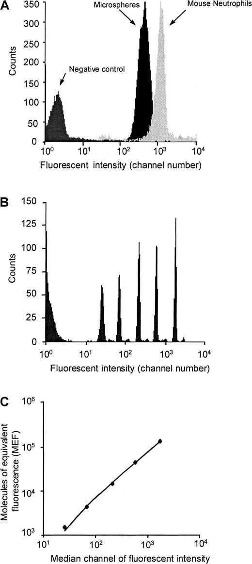 Fig. 1. Density of PSGL-1 on murine neutrophils and of PE-biotin on avidin-coated microspheres. / Median fluorescent intensities of appropriately gated neutrophils and microspheres (A) were converted to MEF by comparison to values given by calibration beads containing known numbers of fluorescent molecules (B and C).