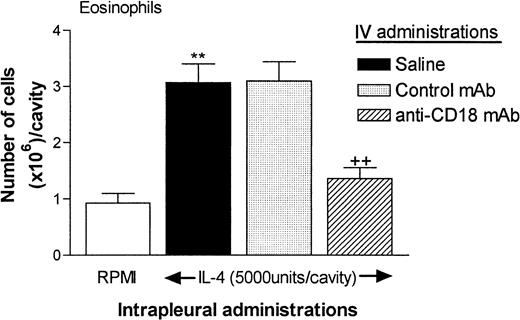 Fig. 6. Effect of an anti-β2-integrins (CD18) mAb (TA-4) on eosinophil recruitment into rat pleural cavities. / In these experiments, 3 groups of animals were treated intravenously with saline, control mouse IgG (P1.17; 3.5 mg/kg) or anti-CD18 (TA-4; 3.5 mg/kg). After 15 minutes, the animals were injected intrapleurally with RPMI (100 μL/cavity) or IL-4 (5000 units/100 μL per cavity). Eosinophil accumulation was determined 24 hours later. The results are expressed as the mean ± SEM value for 4 to 7 animals per group. A significant increase (P < .001) over levels in RPMI-treated rats is indicated by 2 asterisks. A significant difference (P < .001) between responses in animals treated with the control antibody and those treated with anti-CD18 mAb is indicated by 2 + symbols.