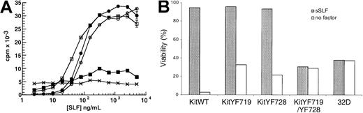Fig. 4. Stimulation of 32D infectants with sSLF. / (A) 32D cells infected with KitWT (○), KitYF719 (●), KitYF728 (■), KitYF719/YF728 (▪), or uninfected (×) were incubated with various concentrations of sSLF for 18 hours at 37°C, followed by a 6 hours 3H-thymidine pulse. Cells were then harvested and incorporated counts were determined by scintillation counting. Error bars represent the standard error determined from triplicate measurements. (B) 32D infectants were incubated with sSLF overnight. Percentage (%) viability was determined by scoring ability to exclude trypan blue. Viability of all cells in the presence of WEHI cm was 93% to 97%.