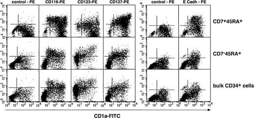 Fig. 4. Phenotypic characterization of DCs differentiated from DP (CD7+45RA+), SP (CD7−45RA+), and bulk CD34+ HPCs. / Results are shown as 2-color fluorescence plots of cells cultured for 8 days under the standard condition, labeled with CD1a-FITC and the corresponding mAbs (y-axis) and FACS analyzed. Quadrants were set according to control antibody labeling. Composite results of 2 experiments of 12.