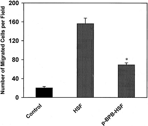 Fig. 8. Effect of inhibition of human synovial fluid sPLA2 activity on EC migration. / Aliquots of human synovial fluid (15 μL) treated withp-BPB or with vehicle were placed in the lower compartment of a Transwell chamber. BAECs, placed in the upper compartment of the Transwell chamber, were allowed to migrate for 2 hours at 37°C. Determination of the number of migrated cells was carried out as described in “Material and methods.” Bars represent the mean ± SE from triplicate determinations of 3 independent experiments. Asterisk indicates statistical significance (P < .01 versus untreated human synovial fluid); HSF, human synovial fluid.