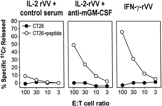 Fig. 3. GM-CSF released during immune response to virus cause unresponsiveness to antigen stimulation. / Three BALB/c mice were immunized intravenously with 5 × 106 PFU per mouse of either IL-2-rVV or IFN-γ-rVV recombinant viruses expressing the antigen β-gal, together with the mouse cytokines IL-2 and IFN-γ, respectively. On days 1, 3, and 5, IL-2-rVV immunized mice were inoculated intraperitoneally with 0.2 mL of PBS containing 100 μg of either an antiserum neutralizing mouse GM-CSF activity or the goat control serum. After 6 days, the spleens were removed, pooled, incubated in vitro with 1 μg/mL of the β-gal peptide for 5 days, and then assayed in a 51Cr-release assay against the CT26 cells or with CT26 cells pulsed with the β-gal peptide. E:T cell ratios are indicated; spontaneous release never exceeded 20%.