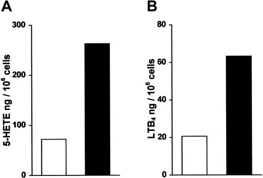 Fig. 6. Intact DCs form significant amounts of 5-HETE and LTB4. / HPCs were maintained as described in Figure 1 in medium supplemented in standard medium (open column) or standard medium plus TGF-β–1 (closed column). The cell populations were assayed for production of (A) 5-HETE and (B) LTB4 after the addition of 10 μmol/L Ca++ ionophore A 23187 and 40 μmol/L arachidonic acid as described.15 Data represent the mean of triplicate dishes prepared in parallel with a maximum SD of 4.7% for 5-HETE and 20% for LTB4. Similar data were obtained in a second experiment.