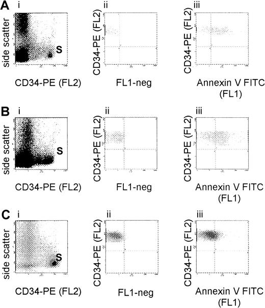 Fig. 1. Flow cytometric evaluation of CD34+ cell apoptosis in MDS. / Bone marrow mononuclear cells from patients with MDS RA (A), RAEB (B), and RAEB-t (C) were isolated by density gradient centrifugation and incubated with phycoerythrin (PE)-conjugated anti-CD34 monoclonal antibody (Mab) and fluorescein isothiocyanate (FITC)-conjugated annexin V. Analysis was based on gating on CD34+ cell subpopulations (S) by forward scatter versus side scatter as well as side scatter versus fluorescence 2 (FL2) (i). Percentage of positivity was determined by comparison of the fluorescence distribution histogram (FL1) of positively stained cells (iii) to that of cells to which no annexin V was added (ii).