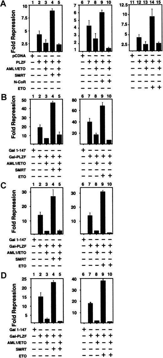 Fig. 6. Co-repressors do not rescue PLZF from inhibition by AML-1/ETO. / 293T cells were transiently transfected in 12-well dishes and subjected to luciferase reporter assays. All results are expressed as fold repression compared to the control plasmids. (A) Assays performed with the IL-3Rα-tk-Luc reporter. Lanes 1, 6, 11: pCDNA 400 ng. Lanes 2, 7, 12: PLZF 400 ng. Lanes 3, 8, 13: PLZF 400 ng plus AML-1/ETO 300 ng. Lane 4: PLZF 400 ng and SMRT 300 ng. Lane 5: PLZF 400 ng, SMRT 300 ng, and AML-1/ETO 300 ng. Lane 9: PLZF 400 ng and N-CoR 300 ng. Lane 10: PLZF 400 ng, N-CoR 300 ng, and AML-1/ETO 300 ng. Lane 14: PLZF 400 ng plus ETO 300 ng. Lane 15: PLZF 400 ng, ETO 300 ng, and AML-1/ETO 300 ng. Panels B, C and D: Assays performed with the (GAL4)5-tk-Luc reporter. (B) Lanes 1, 6: GAL41–147 400 ng. Lanes 2, 7: GAL4-PLZF 400 ng. Lanes 3, 8: GAL4-PLZF 400 ng and AML-1/ETO 300 ng. Lane 4: GAL4-PLZF 400 ng and SMRT 300 ng. Lane 5: GAL4-PLZF 400 ng, SMRT 300 ng, and AML-1/ETO 300 ng. Lane 9: GAL4-PLZF 400 ng and ETO 300 ng. Lane 10: GAL4-PLZF 400 ng, ETO 300 ng, and AML-1/ETO 300 ng. Panels C and D correspond to experiments performed with GAL4-BTB/POZ and GAL4-RD2, with doses similar to those in B. The results of all graphs reflect the average of multiple experiments ± SEM.