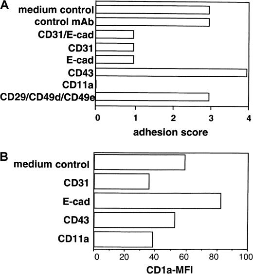 Fig. 7. Secondary LC cluster formation and CD1a expression by cells cultured in 2° cultures in the presence of a panel of mAbs to adhesion molecules. / Purified CD34+ cells were cultured in the presence of GM-CSF plus TNFα, SCF, FL, and TGF-β1 in serum-free medium (see “Materials and methods”). Day 8–generated cells were replated in 2° cultures at a high cell density (see “Materials and methods”). After a 2° culture period of 24 hours, cells were harvested and analyzed by phase-contrast microscopy and FACS. The effect of mAb addition on cell cluster formation and CD1a expression density of cultured cells is analyzed (see “Materials and methods”). (A) Bars represent cell cluster formation in one representative experiment (n = 5) quantified using the following scoring system (percentage of cells in aggregates): 0, less than 10%; 1, 10% to 50%; 2, 50% to 75%; 3, 75% to 90%; 4, more than 90%. (B) CD1a mean fluorescence intensity (MFI) of cells after culture in the presence or absence of mAbs.