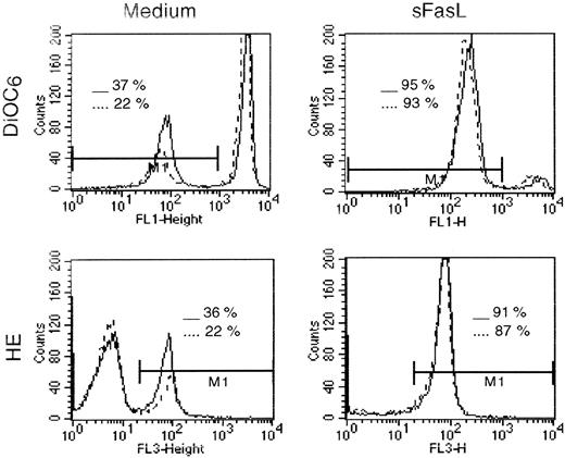 Fig. 6. IFN-α inhibits generation of DiOC6low/HE+ clonal Th2 cells. / CD3−CD4+ cells from hypereosinophilic patient 1 were cultured for 24 hours in the absence or presence of sFasL (25 ng/mL). IFN-α (104 IU/mL) was added at the beginning of the culture. At the end of the culture, cells were stained for 15 minutes at 37°C with DiOC6 or HE followed by flow cytometry analysis. The histograms represent DiOC6 (upper) and HE (lower) staining of Th2 cells obtained from patient 1 after 24 hours of culture in the absence (solid lines) or presence (broken lines) of IFN-α.