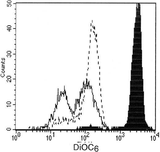 Fig. 7. IFN-α inhibits PPIX-induced Δψm loss in the clonal Th2 cells. / CD3−CD4+ cells from hypereosinophilic patient 1 were cultured for 24 hours in presence of PPIX (30 μmol/L). IFN-α (104 IU/mL) was added at the beginning of the culture. At the end of the culture, cells were stained for 15 minutes at 37°C with DiOC6 followed by flow cytometry analysis using gating on live cells. The histograms represent DiOC6 staining of Th2 cells obtained from patient 1 at time 0 (black histogram), after 24 hours of culture in the absence (solid lines) or presence (broken lines) of IFN-α.