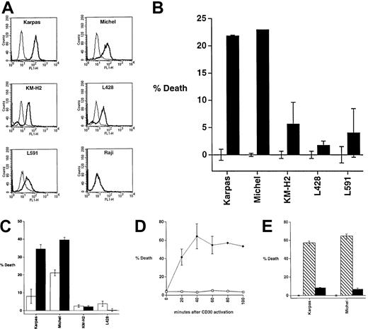 Fig. 1. CD30 activation induces apoptotic death of ALCL cells but not of HD cells. / (A) The ALCL cell lines Karpas 299 and Michel and the HD cell lines KM-H2, L428, and L591 were stained for CD30 and examined by flow cytometry for CD30 expression. The Raji cell line was used as a negative control. The thinner lines indicate the FITC-isotype control antibody and the bold lines indicate a FITC-conjugated anti-CD30 antibody. (B) The ALCL cell lines Karpas and Michel and the HD cell lines KM-H2, L428, and L591 were incubated for 24 hours with the immobilized CD30 agonistic antibody M67 (▪) or isotype control antibodies (■) and measured for viability by PI exclusion after 24 hours. (C) The ALCL cell lines Karpas and Michel and the HD cell lines KM-H2 and L428 were preincubated with either a media control (□) or with the protein synthesis inhibitor cycloheximide (10 μg/mL) (■) and then incubated for 24 hours with the immobilized CD30 agonistic antibody before viability was measured. For each cell line, the viability of cells incubated with control IgG antibody was defined as zero. The viabilities of cells treated with cycloheximide plus IgG was indistinguishable from IgG alone. (D) Michel cells were incubated with immobilized CD30 agonistic antibody (♦) or isotype control antibody (■) for the indicated periods of time prior to viability analysis. (E) Karpas and Michel cells were preincubated with cycloheximide (2 μg/mL) in addition to the general caspase inhibitor ZVAD-fmk (▪, 50 μmol/L in dimethyl sulfoxide; Enzyme Systems Products, Livermore, CA) or a mock control followed by incubation with the immobilized CD30 agonistic antibodies M67 (▧) or isotype control antibodies (■). Viability was measured by PI exclusion 24 hours later.