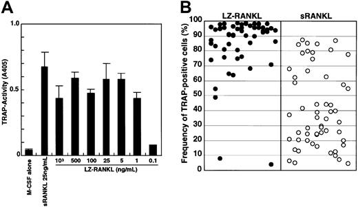 Fig. 3. Analysis of the effect of LZ-RANKL or sRANKL on the differentiation of osteoclast precursor cells. / (A) The dose-dependency of LZ-RANKL was examined by measuring TRAP activity in liquid culture. (B) c-Fms+RANK−cells were cultured in methylcellulose in the presence of 1000 ng/mL LZ-RANKL or 25 ng/mL sRANKL with 100 ng/mL M-CSF for 6 days. Then single colonies were collected, and the frequency of TRAP+cells was examined.