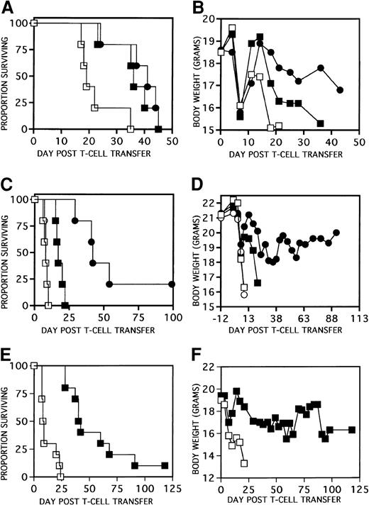Fig. 1. KGF ameliorates GVHD in a nonconditioned SCID model. / Different KGF schedules and T-cell transfer doses are shown. In panels A (survival) and B (weights), BALB/c SCID mice received PBS (■) or KGF on days −3, −2, and −1 pretransfer (▪) of 2 × 106 C57BL/6 LN T cells or days 0 to 6 after transfer (●) as shown (P < .007 for survival of KGF mice vs PBS, n = 5 per group). In panels C (survival) and D (weights), BALB/c SCID mice received PBS or KGF on days 0, 1, 2, and 3 after transfer of either 0.5 (○, PBS; ●, KGF) or 2 × 106 (■, PBS; ▪, KGF) C57BL/6 LN T cells as shown (P < .001 for survival of KGF vs non-KGF counterparts, n = 5 per group). In panels E (survival) and F (weights), BALB/c SCID mice received PBS (■) or KGF (▪) on days 0 to 6 after transfer of 106 C57BL/6 LN T cells (P < .001 for survival of KGF vs PBS, n = 10 per group).