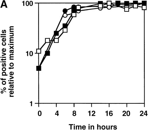 Fig. 2. Time course of induction of GFP in SIN-(NFAT)x-GFP transduced Jurkat cells and primary T-cell bulk cultures. / (A-C) Unsorted, SIN-(NFAT)3-GFP– (open symbols and bars) or SIN-(NFAT)6-GFP– (filled symbols and bars) transduced, Jurkat T cells (panel B; panel A, squares) and bulk T cells from a healthy donor (H.S.P.) (panel C; panel A, circles) were stimulated with PMA in combination with ionomycin. The percentage of GFP expressing cells, relative to the maximal level, which varied between 20% to 40%, and the MFI of GFP positive cells are plotted against the time in hours after initial stimulation. Shown are representative data from 3 independent experiments. (D) GFP expression in SIN-(NFAT)6-GFP–transduced cells is blocked by CsA and by FK506. T cells transduced with the SIN-(NFAT)6-GFP construct were incubated overnight in medium containing PMA and ionomycin. The percentage of GFP positive cells reached was set to 100%. Next, CsA or FK506 (final concentrations are shown), which are inhibitors of calcineurin and thus of expression of GFP, were added 30 minutes before the addition of PMA and ionomycin. Indicated is the percentage of GFP positive cells. Bars represent the following: bulk T-cell blasts (black), sorted CD4+ T cells (hatched), and sorted CD8+ T cells (dotted) all derived from donor K.W.E., and bulk T-cell blasts from donor H.S.P. (striped). Shown are representative data from 3 independent experiments.