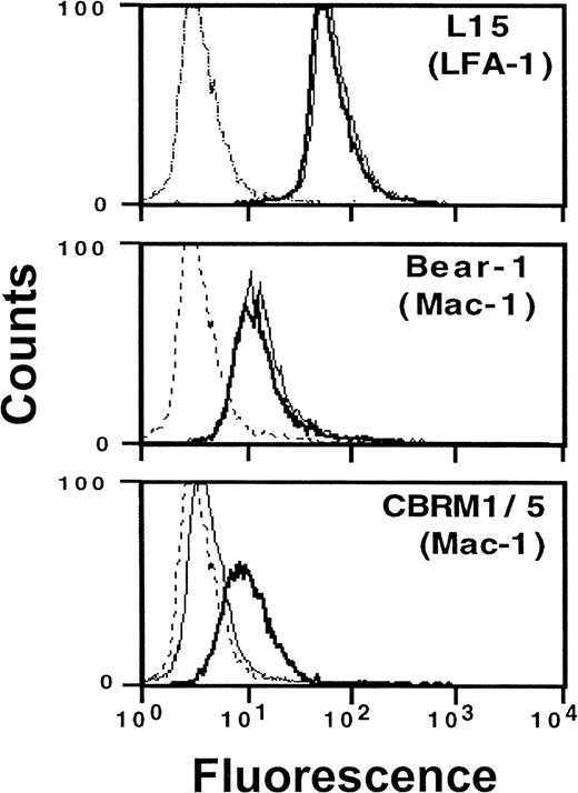 Fig. 5. Induction of an active β2 integrin conformation by VCAM-1–Fc binding to VLA-4. / Myelomonocytic HL60 cells were pretreated with medium (thin line) or soluble VCAM-1–Fc (solid line) (40 μg/mL) for 30 minutes at 37°C. After washing, fluorescence-activated cell sorter analysis was performed as described in “Materials and methods” using mAbs anti-αL (L15) and anti-αM (Bear-1), which both detect the respective integrin independent of its activation state, as well as mAb CBRM1/5 (anti-αM), which only binds to the activated αM chain of Mac-1.28 The broken line represents the nonspecific control mAb.