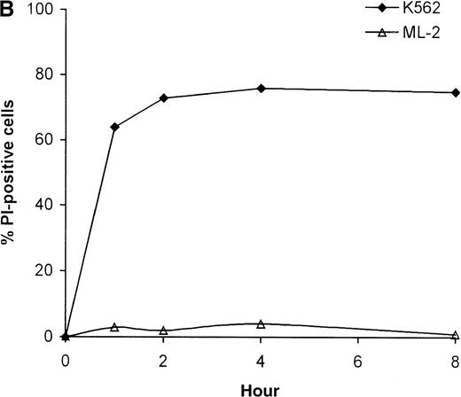 Fig. 3. Killing of K562 and ML-2 cells by NK lysates. / (A) Killing of tumor cells by NK lysates. Target cells were incubated with 0.3 μg, 1 μg, 30 μg, or 100 μg total protein of the NK lysates for 4 hours at 37°C in 5% CO2. Dead cells were stained with PI and analyzed by flow cytometry. (B) Kinetics of the tumor cell lysis. Target cells were incubated with 100 μg total protein of the NK lysates for 0, 1, 2, 4, or 8 hours at 37°C in 5% CO2. Dead cells were stained with PI and analyzed by flow cytometry.