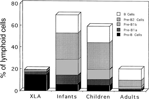Fig. 4. Relative frequencies of different stages of B-lineage cells among BM lymphoid cells in XLA patients and in infant, children, and adult controls. / The mean values shown in Table 4 are figured.