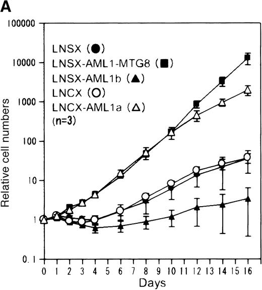 Fig. 3. Overexpression of AML1a. / Overexpression of AML1a induced G-CSF–dependent proliferation of L-G cells. (A) G-CSF–dependent growth of control (LNSX and LNCX) and AML1-MTG8-, AML1b-, and AML1a-expressing L-G cells. Three infections were independently performed for each construct. These infected cells were separately cultured in the presence of 10 ng/mL G-CSF instead of IL-3. The averages of these 3 experiments are shown. Error bars indicate standard deviations. (B) Western blotting analysis of the expression of AML1-MTG8, AML1b, and AML1a in the infected L-G cells. Each protein was detected with anti-HA antibody. The positions of bands of AML1-MTG8, AML1b, and AML1a are indicated on the right.