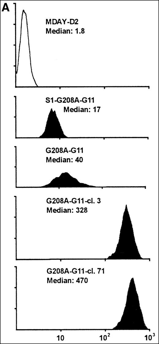 Fig. 6. MDAY-D2 cells transfected with the G208A mutant of the G11 protein, coexpressing EGFP. / G208A-G11: Bulk population of transfected parental cells. S1-G208A-G11: Cells transfected with both the S1 catalytic subunit of pertussis toxin and the G11 mutant (S1-G208A-G11). Clones 3 and 71 of the G208A-G11 transfectants were selected for their high GFP expression. (A) FACS profiles of GFP expression. The median fluorescence in arbitrary units is indicated. Untransfected MDAY-D2 cells serve as negative controls. (B) Expression of G11 in these populations and clones, as detected by Western blot analysis with a pAb.