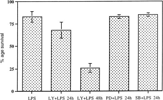 Fig. 2. Viability of LPS-stimulated MoDCs exposed to inhibitors. / Peripheral blood monocytes cultured with GM-CSF and IL-4 for 7 days were incubated with LPS with or without inhibitors for 24 or 48 hours. The percentage of cells surviving at the end of this incubation was measured by flow cytometry. Only cells that did not bind FITC-conjugated annexin V and did not take up propidium iodide were classified as viable. PD indicates PD98059 (MKK1/MEK inhibitor); LY, LY294002 (PI3 kinase inhibitor); SB, SB203580 (p38SAPK inhibitor). Blocking the PI3 kinase pathway has a marked effect on MoDC survival, whereas blocking the MAPK or p38SAPK pathway does not affect MoDC survival even after 48 hours. Results are the mean ± SEM of 4 experiments.