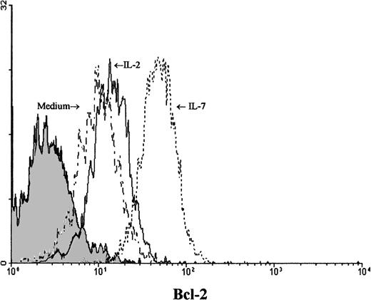 Fig. 6. Viable Pno tumor T cells modulated expression of Bcl-2 in the presence of IL-7. / Intracellular Bcl-2 was measured after 18 hours of Pno lymphocyte culture in complete medium with or without cytokines. Forward and side scatter characteristics were used to gate the population of live T cells. The shaded histogram represents a negative control with the appropriate isotype coupled to FITC.