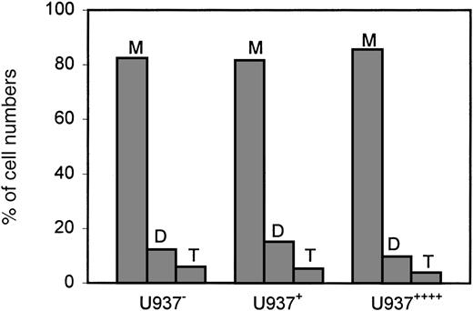Fig. 5. LSP1 does not affect the cell division in U937 cells. / Bar graphs depict the average percentages of cells with 1 (M), 2 (D), and 3 (T) nuclei per cell observed among 500 of the U937−, U937+ and U937++++cells on day 4.