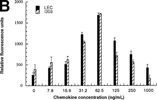 Fig. 6. Comparison of LEC and RANTES. / (A) Comparison of LEC and RANTES-induced CCR1/HEK-293 adhesion. (B) Comparison of LEC and I309-induced CCR8/HEK-293 adhesion. (C) Comparison of I309 and RANTES-induced THP-1 adhesion. (D) Demonstration of LEC-induced THP-1 adhesion and inhibition by anti-LEC. Receptor transfected cells were incubated for 30 minutes with varying concentrations of chemokines and antibodies. LEC-induced response is indicated with solid black bars, RANTES or I309-induced response is indicated with right-hand hatched bars. Treatment with LEC (1000 ng/mL) and 20 μg/mL anti-LEC is indicated by solid gray bars, treatment with RANTES (100 ng/mL) and 20 μg/mL anti-LEC is indicated by solid white bars. Preimmune serum treatment is indicated by a horizontal striped bar. Representative of 3 experiments.