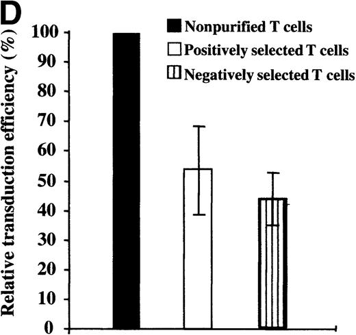 Fig. 2. Autologous accessory cells enhance retroviral-mediated gene transfer into naive UC T cells. / Mononuclear cells from UC blood and PB were obtained by Ficoll-Hypaque density centrifugation. To obtain a highly purified T-cell population devoid of accessory cells such as monocytes, T cells were positively selected using an anti-CD3 antibody conjugated to magnetic beads (Dynabeads). These purified T cells or nonpurified T-lymphocyte populations were then stimulated for 2 days with immobilized anti-CD3 and anti-CD28 antibodies and exposed twice to LZRS-EGFP retrovirus on fibronectin-coated plates. (A) Transduction efficiency of purified and nonpurified PB and UC T cells derived from individual donors. All transductions were performed in duplicate on fibronectin-coated plates and the mean percentage of EGFP-expressing cells was monitored 48 hours after transduction. (B) The presence of the LZRS-EGFP provirus in the EGFP− and EGFP+ UC and PB CD3+ subsets was monitored by Southern blot. CD3+ cells were purified by Dynal selection and transduced as described above. EGFP− and EGFP+populations were FACS sorted, genomic DNA was isolated, digested withXbaI, and hybridized with the 1.3-kb EGFP probe. The PG13/LZRS-EGFP producer clone was used as a positive control. The 1.7-kb fragment encompassing EGFP and the 3′LTR is indicated. (C) FACS profile of nontransduced and transduced UC T cells. The percentage of EGFP+ cells as well as the level of EGFP expression (MFI) is indicated. (D) Relative gene transfer in UC T cells following purification by either a positive (Dynal) or negative selection method (Stemsep) is compared to that obtained in a nonpurified T-cell population. The mean ± SD of EGFP+ cells in 2 to 5 independent experiments is shown.