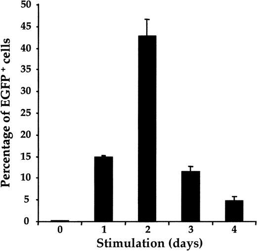 Fig. 3. Kinetics of retroviral transduction efficiency in UC T cells. / Nonpurified UC T cells were exposed once to LZRS-EGFP retroviral supernatant on fibronectin-coated plates at various time points after anti-CD3/CD28 mitogenic stimulation. All transductions were performed in duplicate and the mean number of EGFP+ cells is depicted.