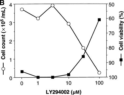 Fig. 4. Inhibitory effect of increasing concentrations of LY294002 on EPO-induced proliferation and anti-apoptosis in UT-7/EPO cells. / UT-7/EPO cells were plated at a density of 10 000 cells/well in IMDM supplemented with 5% FCS and cultured with increasing concentrations of LY294002 in the presence of 1 U/mL of EPO. MTT reduction assay (A) and cell counting (B) were performed after 3 days of culture. Cell viability was assessed by trypan blue dye exclusion (B). The values represent the mean ± SD from triplicate cultures. (C) Induction of apoptosis by LY294002. UT-7/EPO cells were cultured with 100 μmol/L of LY294002 in the presence of EPO (1 U/mL). Three days later, the cells were harvested and stained with annexin-V-FITC for detection of apoptotic cells (Apo) using FACScan.