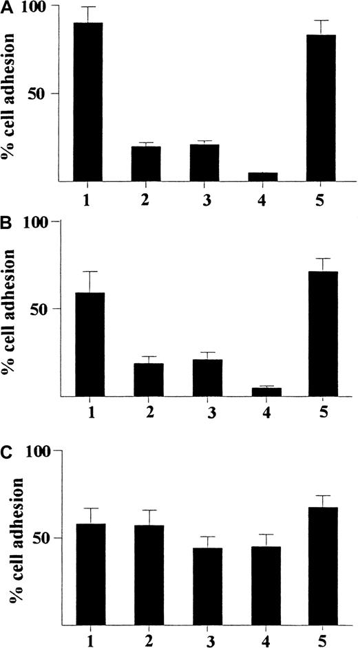 Fig. 8. Adhesion of CD34+ hematopoietic progenitors from human cord blood. / Adhesion induced by γIP-10 (A), Mig (B), and SDF-1α (C) is shown. The cells were either stimulated with GM-CSF alone (indicated by 1) or stimulated with GM-CSF and then incubated with anti-CD49a mAb (2), anti-CD49b mAb (3), anti-CD49a and anti-CD49b mAbs (4), or isotype IgG1 (5; control for a-CD49a and a-CD49b). The cells were preincubated with different mAbs (5 μg/mL) for 60 minutes at room temperature before the adhesion assay. All chemokines were applied at a concentration of 100 ng/mL The data represent mean values from at least 3 experiments performed. Results are expressed as the mean ± SD percentage of adherent cells and are based on a triplicate determination of adhesion for each antibody used.