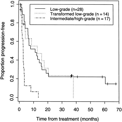 Fig. 3. PFS of 59 patients according to the histologic grade of B-cell lymphoma.